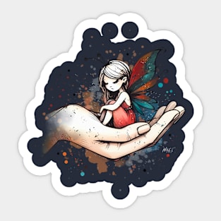 Woman Cradling Fairy in Palm Of Hand Watercolor Design | Dark Sticker